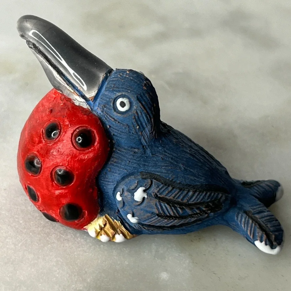 Handmade Clay Bird Figurine HL‎ Marked Toucan Style Red Blue Folk Art Pottery 2